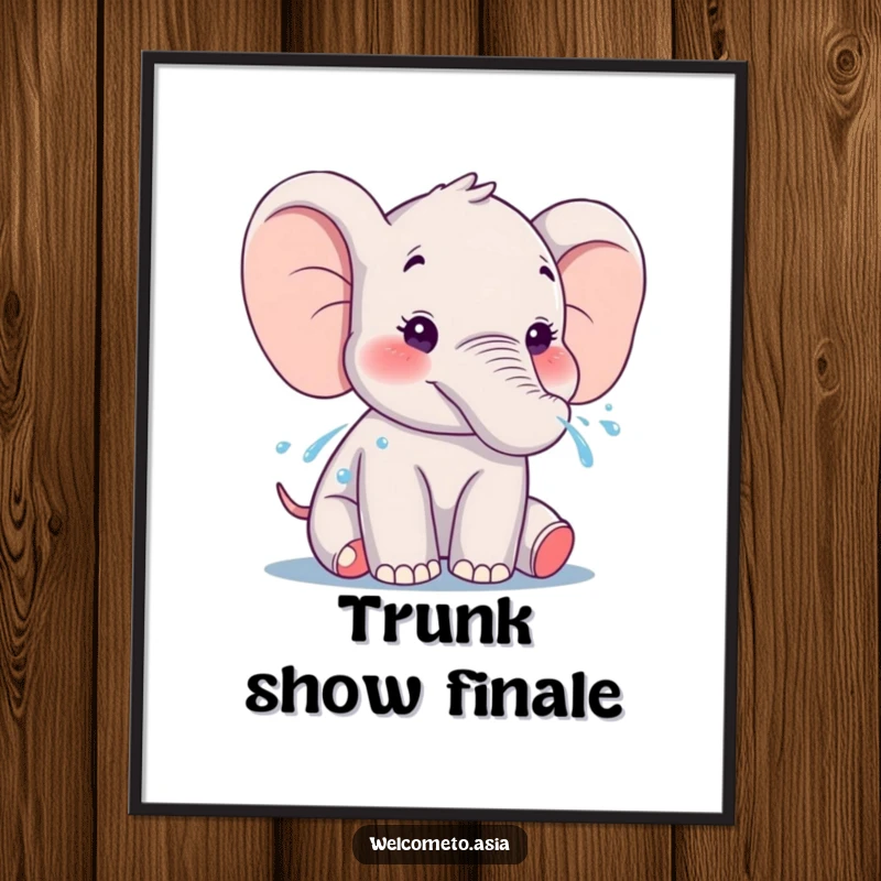 Funny Elephant Digital Art Print: A smiling elephant gently sprays water from its trunk, bringing immediate joyful charm.