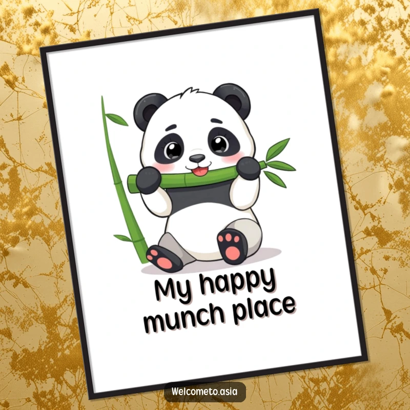 Funny Panda Digital Art Print: A cheerful panda joyfully devours a giant bamboo shoot, bringing immediate humor and charm.
