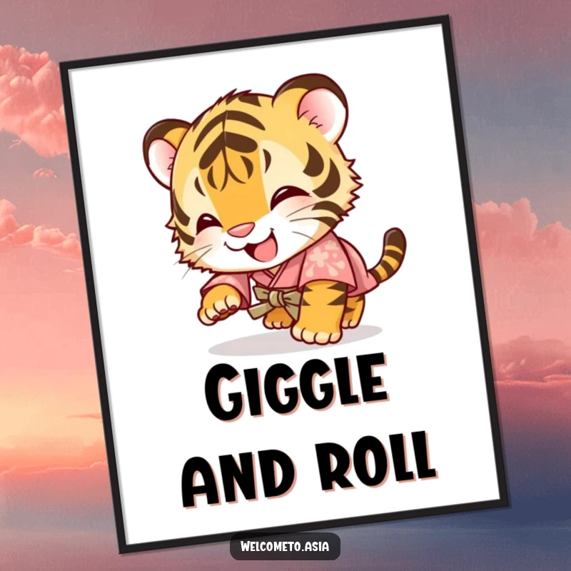 Funny digital art print of a giggling tiger cub in a small kimono, tumbling forward with an ecstatic and humorous expression, ready to print.