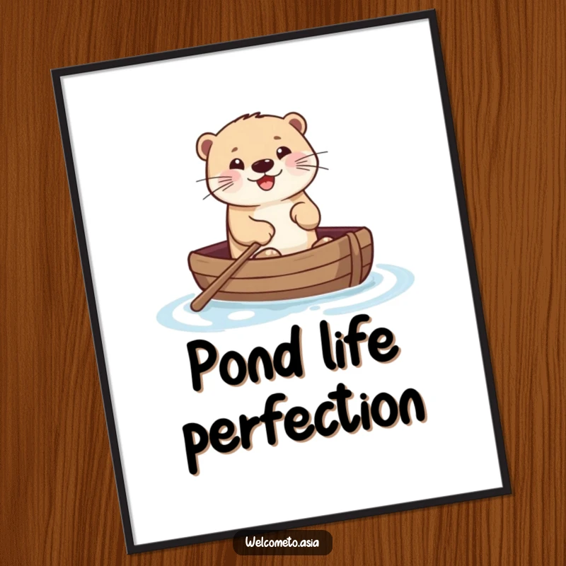 Funny digital art of a smiling otter joyfully paddling a tiny boat on water, offering instant cheerful and humorous decoration for any space.