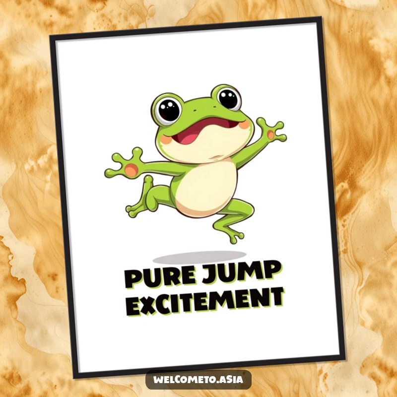Funny Leaping Frog Digital Art Print depicting an excited frog character mid-air, perfect for energetic and playful wall decor.
