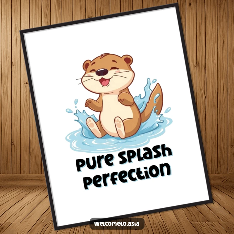 Funny digital art print of an energetic otter character gleefully sliding down a water feature with an epic splash.