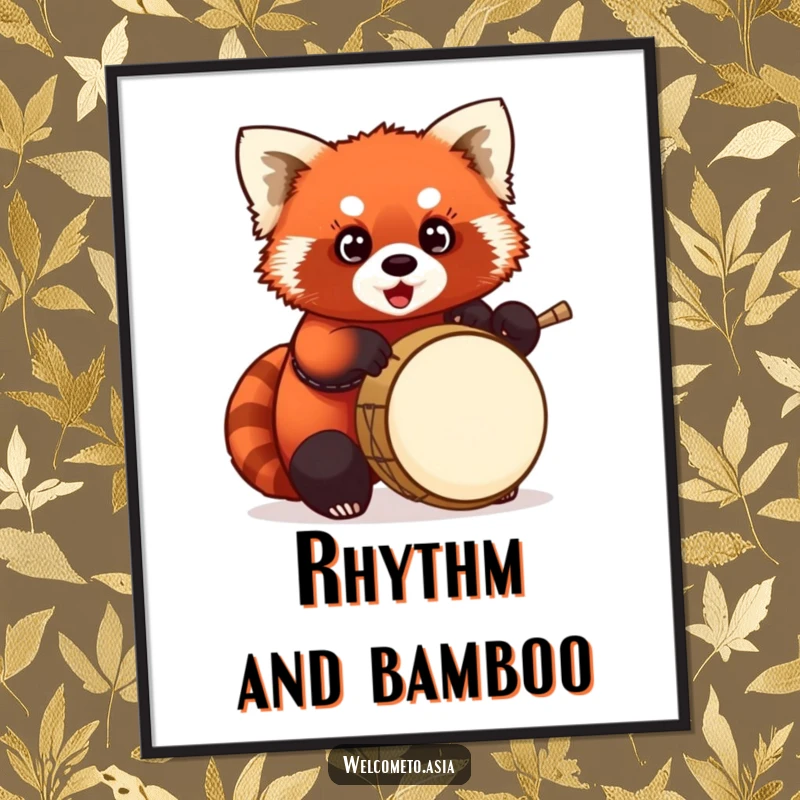 Funny Red Panda Drummer Digital Art: Chubby red panda playing a tiny drum, high-resolution humorous music illustration.