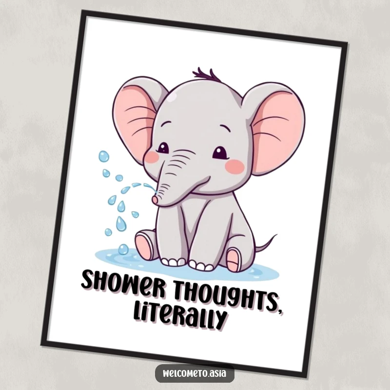 Funny digital art print of a cute elephant with tiny ears, playfully spraying water with a joyful and humorous intention, ready to print.