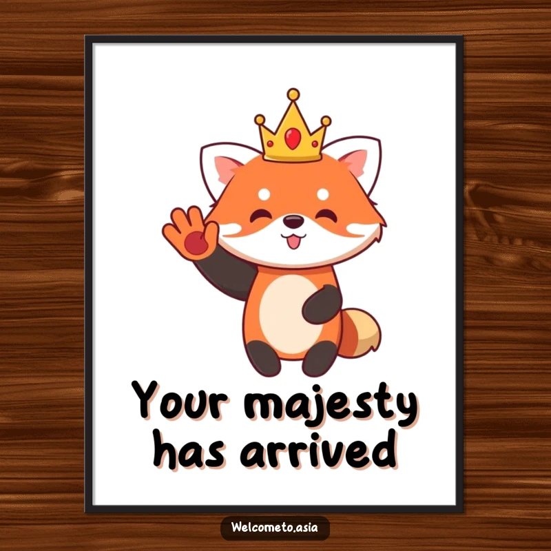 Funny Red Panda Digital Art Print of a cute character wearing a small crown, waving enthusiastically, ready for framing.