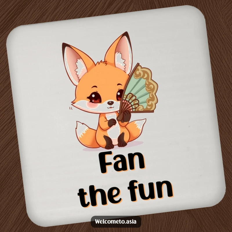 Funny Fox Fan Drink Coaster: Curious fox with big ears trying to wear an oversized ornate fan, protecting surfaces humorously.