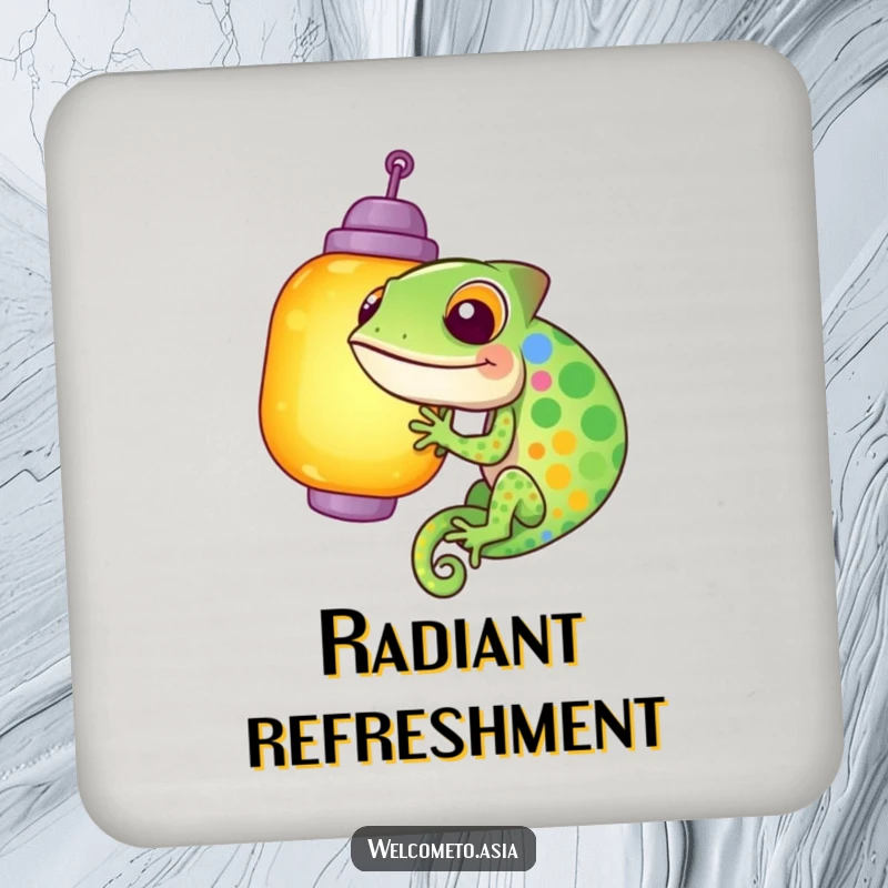 Funny drink coasters featuring a giggling chameleon hilariously failing to blend into a bright lantern, adding colorful, humorous protection.