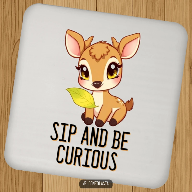 Funny drink coaster showing a friendly deer with large, curious eyes nibbling on a softly glowing, magical leaf.