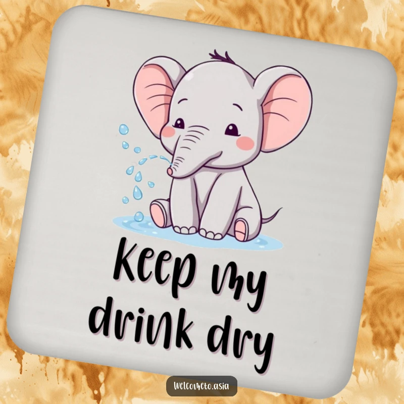 Funny drink coaster showing a cute elephant with tiny ears, playfully spraying water with a cheerful and charming expression.