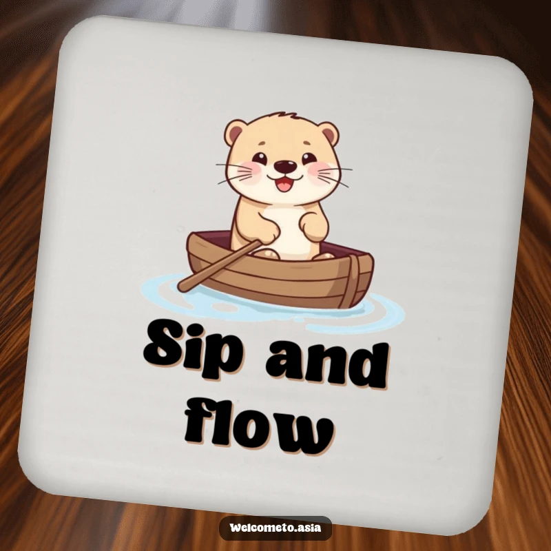 Funny drink coasters showcasing a smiling otter paddling a small boat on water, adding humorous and protective charm to tabletops.