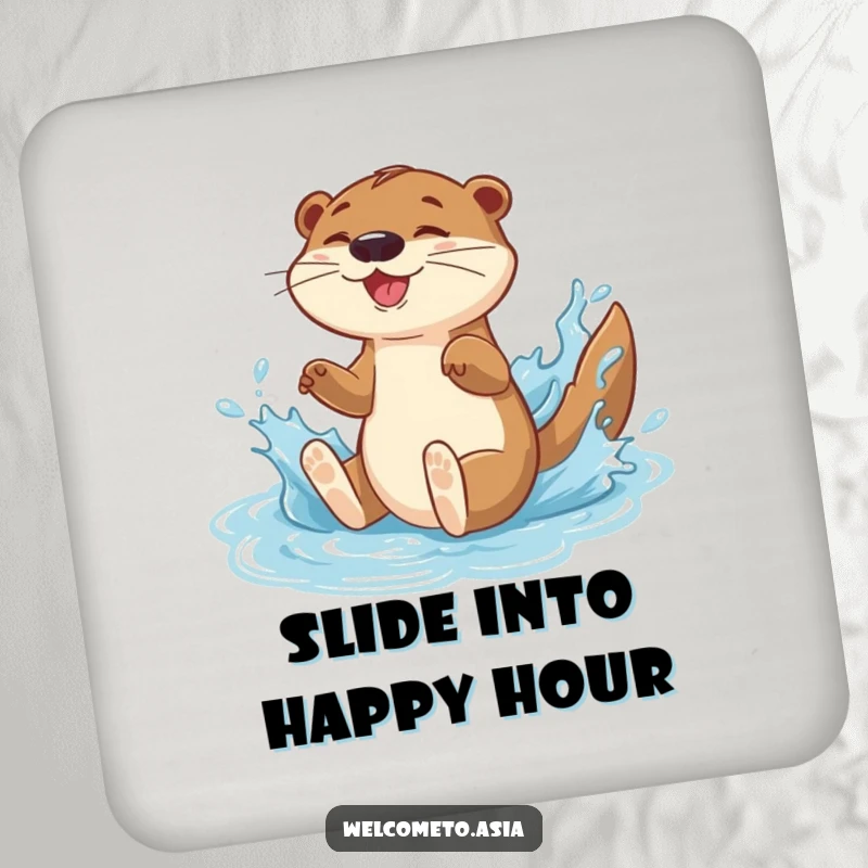 Funny drink coaster showing an energetic otter character sliding down a water feature with a gleeful splash.