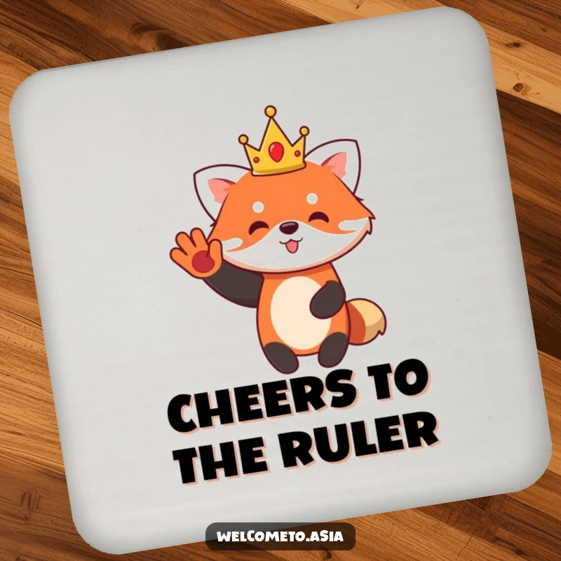 Funny Red Panda Coaster depicting a cute character wearing a small crown, waving enthusiastically, protecting surfaces.