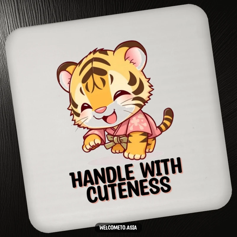 Funny drink coaster featuring a giggling tiger cub in a small kimono, tumbling forward with a comical and joyful expression.