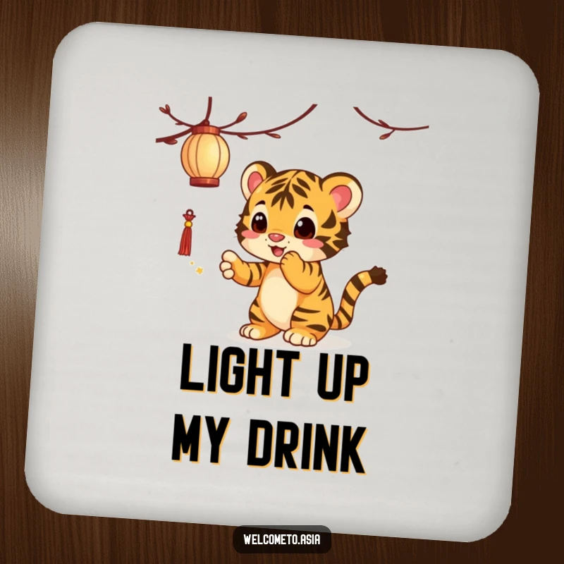 Funny Tiger Cub Coasters: A curious tiger cub playfully bats at a dangling lantern, adding humorous charm to surface protection.