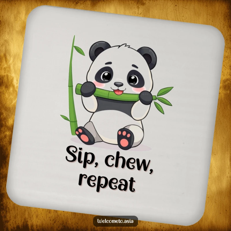 Funny Panda Coasters: A cheerful panda character is shown happily munching on a giant bamboo shoot, adding humor to drink protection.