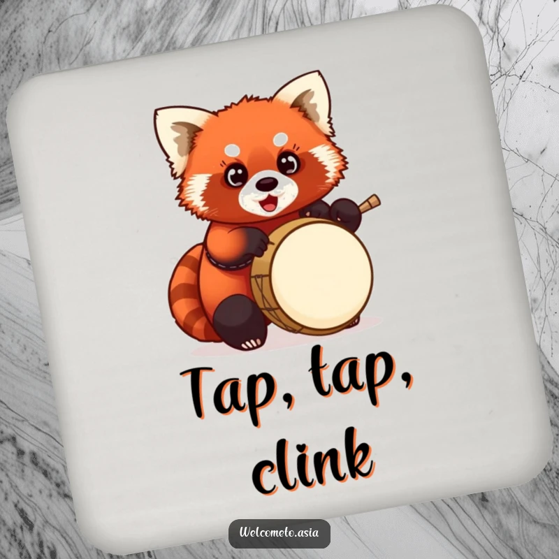 Funny Red Panda Drummer Drink Coaster: Chubby red panda enthusiastically playing a tiny drum, protecting surfaces humorously.