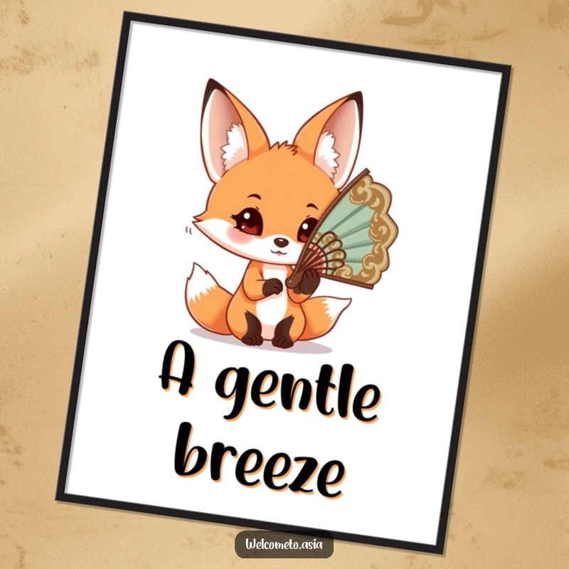 Funny Fox Fan Poster: Curious fox with big ears trying to wear an oversized ornate fan, whimsical and artistic wall decor.