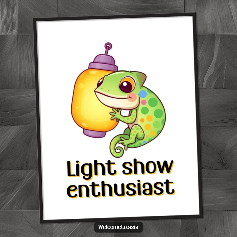 Funny poster displaying a giggling, multi-colored chameleon comically failing to blend into a brightly lit lantern, a humorous and artistic statement.