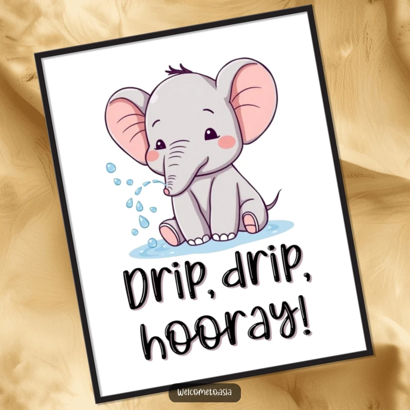 Funny poster of a cute elephant with tiny ears, playfully spraying water with a cheerful and humorous expression, ideal wall decor.