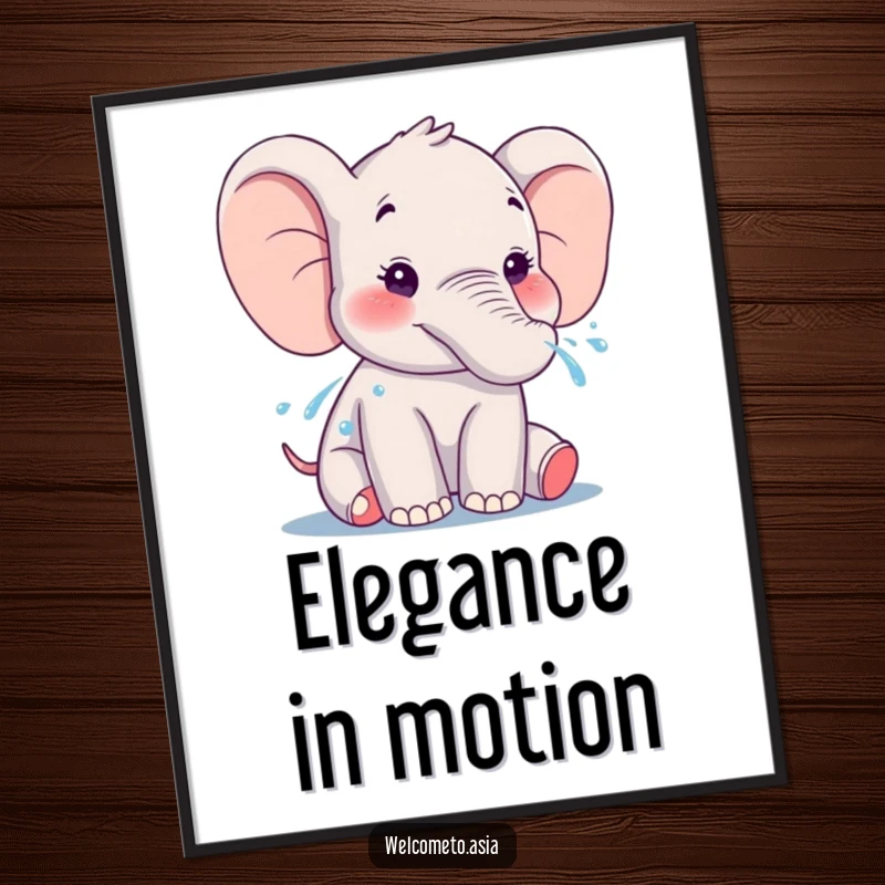 Funny Elephant Poster: A smiling elephant character is depicted gently spraying water from its trunk, creating a refreshing and humorous scene.