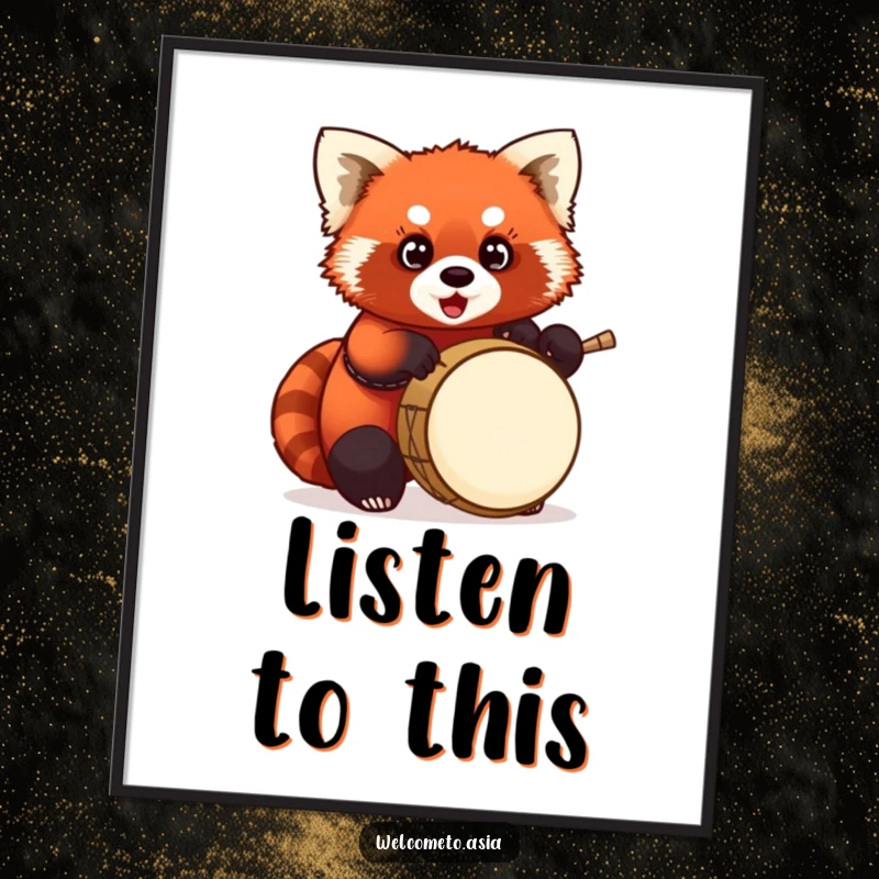 Funny Red Panda Drummer Poster: Chubby red panda with wide eyes, enthusiastically playing a tiny drum, lively wall art.