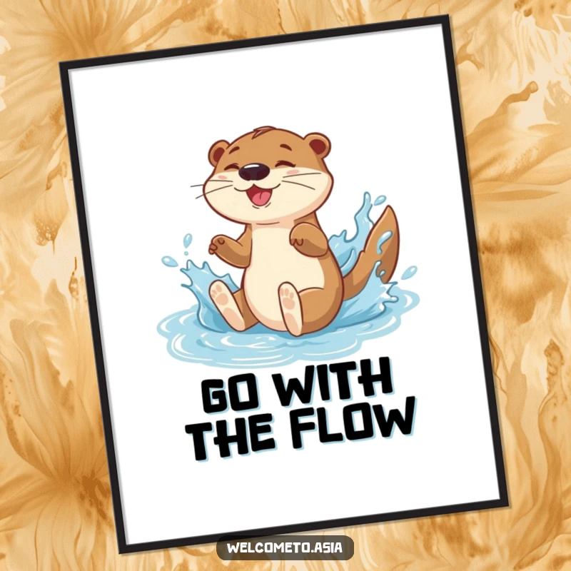 Funny poster art of an energetic otter character joyfully sliding down a water feature, creating a big, gleeful splash.