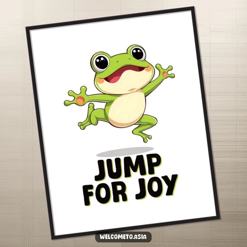 Funny Leaping Frog Poster depicting an excited frog character mid-air, bringing a lively and joyful atmosphere to any wall.