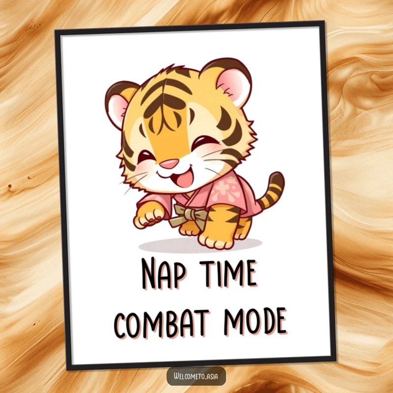 Funny poster of a giggling tiger cub in a small kimono, tumbling forward with an ecstatic and comical expression, perfect wall decor.