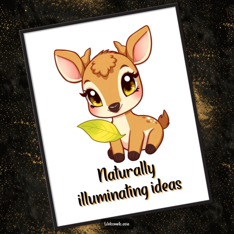 Funny poster art depicting a friendly deer with large, curious eyes discovering and nibbling a softly glowing, magical leaf.