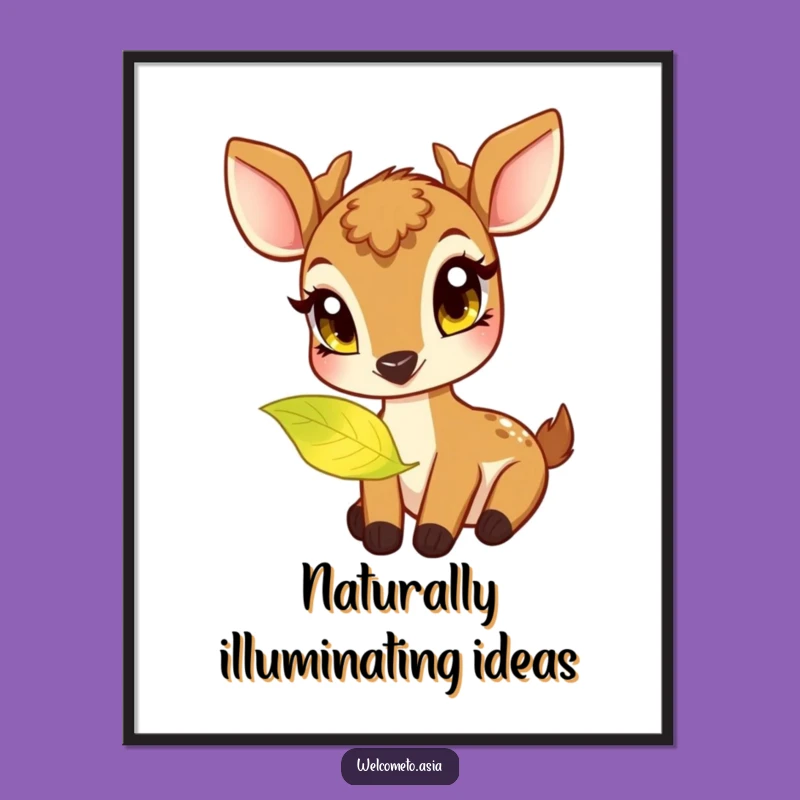 Funny Deer Poster: Curious Creature Nibbling Glowing Leaf Art - Magical Gift