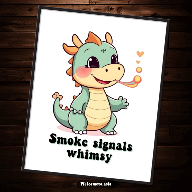 Funny Smiling Dragon Poster depicting a happy dragon character playfully blowing a tiny puff of colorful smoke, perfect for magical wall art.