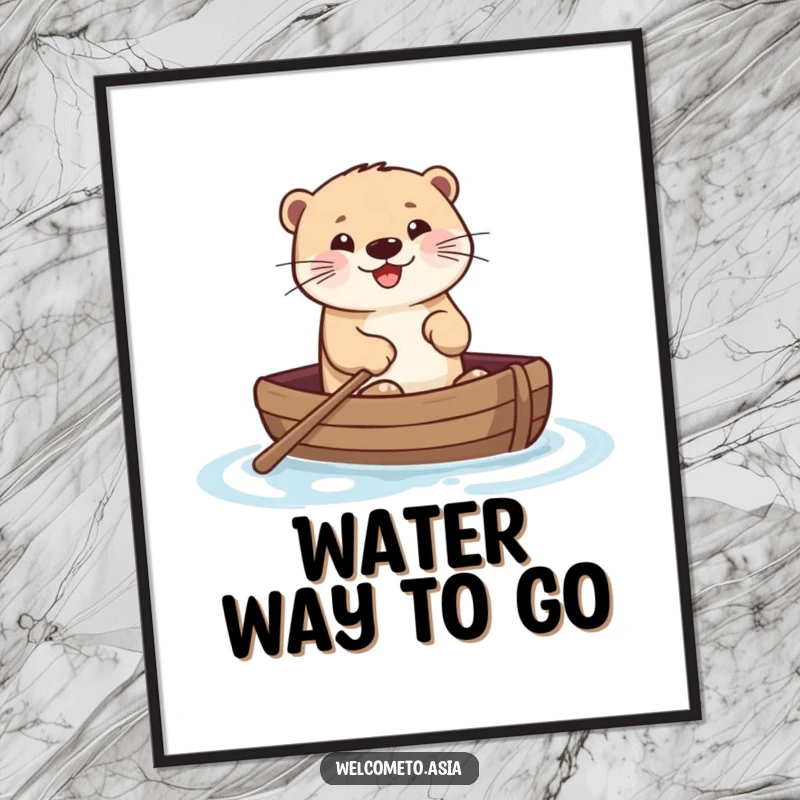 Funny poster illustration of a smiling otter in a tiny boat, paddling with great joy through calm water, creating a peaceful and happy scene.