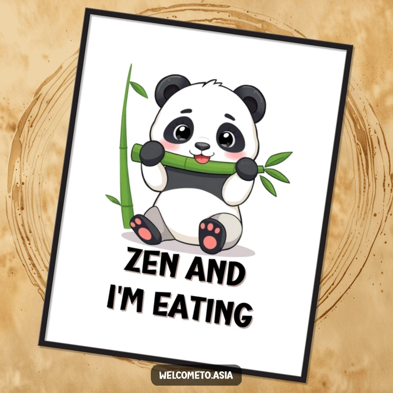 Funny Panda Poster: A joyful panda character is depicted happily devouring a very large bamboo shoot, creating a humorous scene.