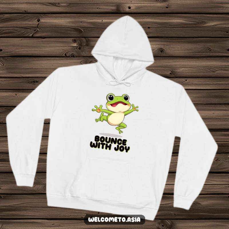 Funny Leaping Frog Hoodie featuring an excited frog character mid-air, designed for ultimate comfort and playful energy.