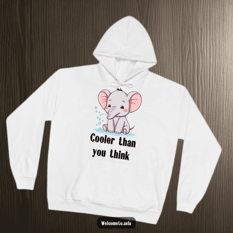 Funny hoodie showing a cute elephant with tiny ears, playfully spraying water, ideal for cozy and humorous wear.
