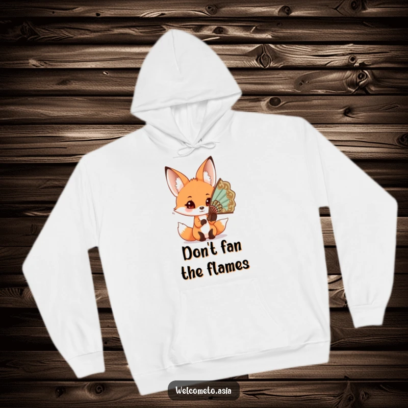 Funny Fox Fan Hoodie: Curious fox with big ears, trying to wear an oversized ornate fan, comfortable and fashionable.