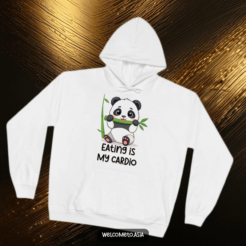 Funny Panda Hoodie: A contented panda enthusiastically munches on a giant bamboo shoot, symbolizing cozy, happy moments.