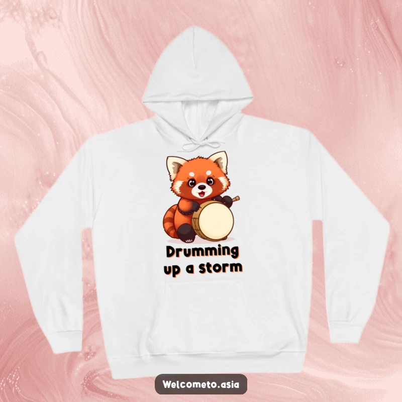 Funny Red Panda Drummer Hoodie: Chubby red panda with wide eyes, enthusiastically playing a tiny drum, cozy and musical.