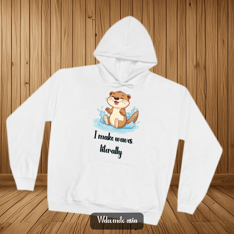 Funny hoodie depicting an energetic otter character joyfully sliding down a water feature, complete with a spectacular splash.