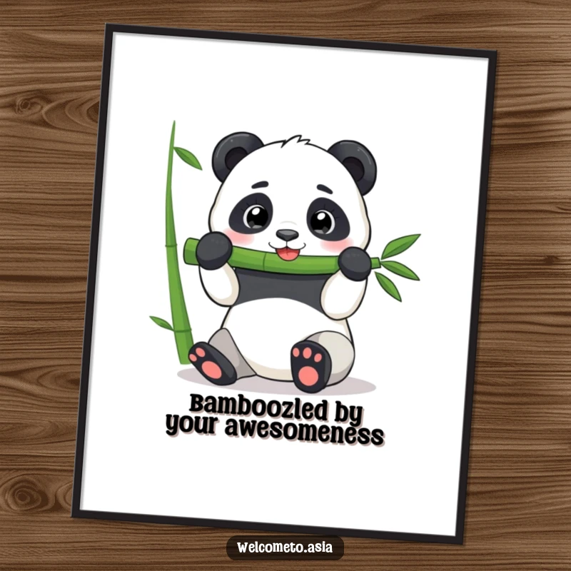 Funny free printable wall art of a cheerful panda with eyes closed, blissfully munching on a giant bamboo shoot, radiating happiness.