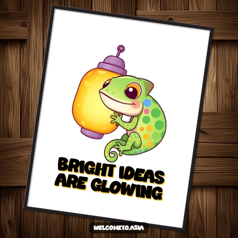 Funny Free Printable wall art depicting a giggling chameleon with vibrant spots trying unsuccessfully to blend into a luminous lantern.
