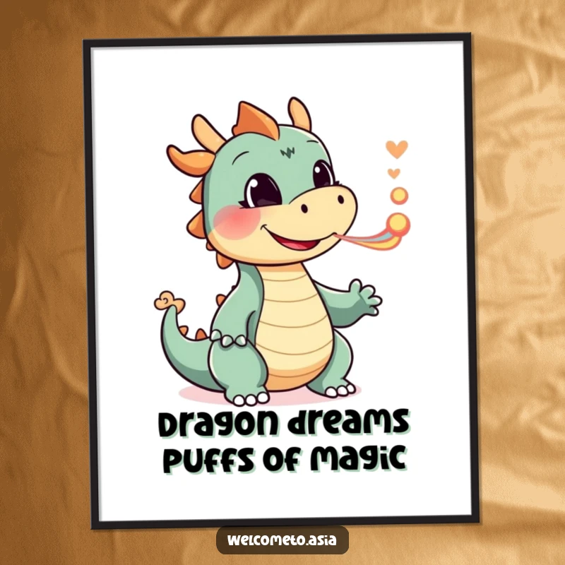 Funny Free Printable wall art, smiling dragon, blowing colorful smoke puffs, playful character, fantasy decor, whimsical art.