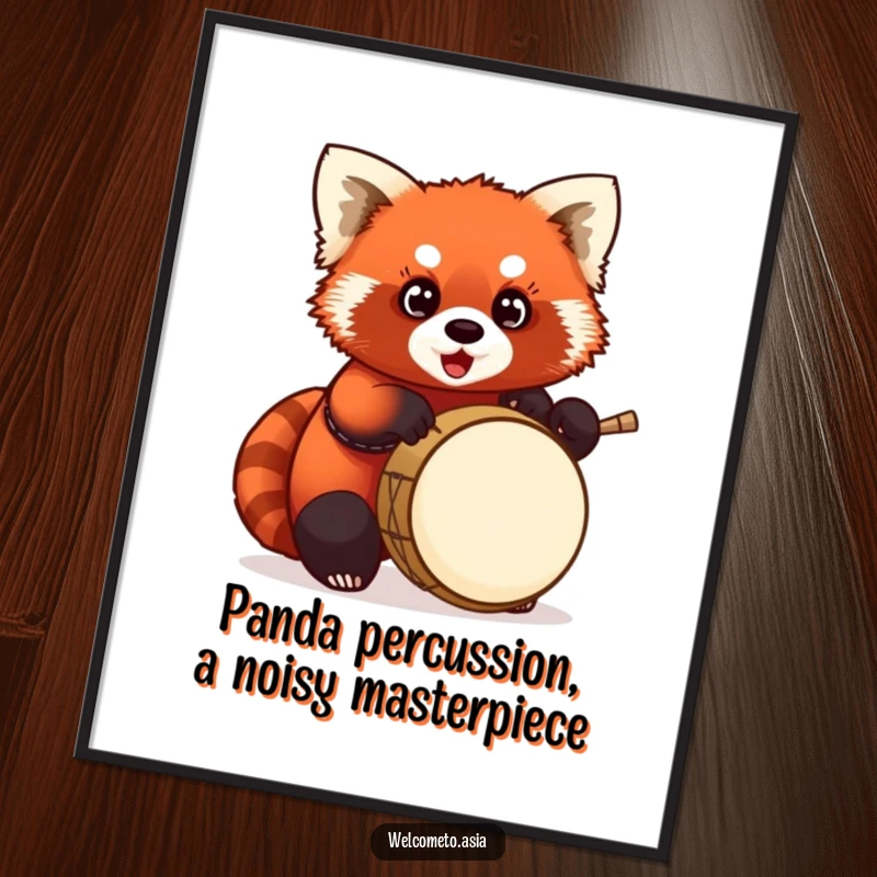 Funny Free Printable Wall Art: Chubby red panda with wide eyes enthusiastically playing a tiny drum.
