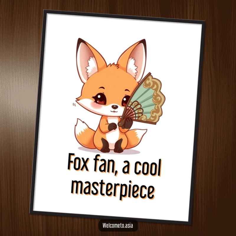 Funny Free Printable Wall Art: Curious fox with big ears trying to wear an oversized ornate fan.