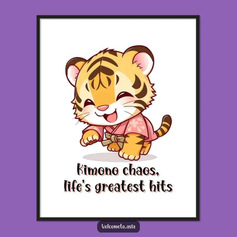 Free Printable Wall Art: Giggling Tiger Cub Cub in Kimono - Funny Humorous Downloadable