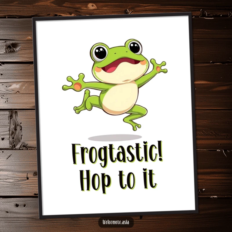 Funny Free Printable wall art, excited leaping frog, mid-air jump, happy expression, playful character, energetic decor.