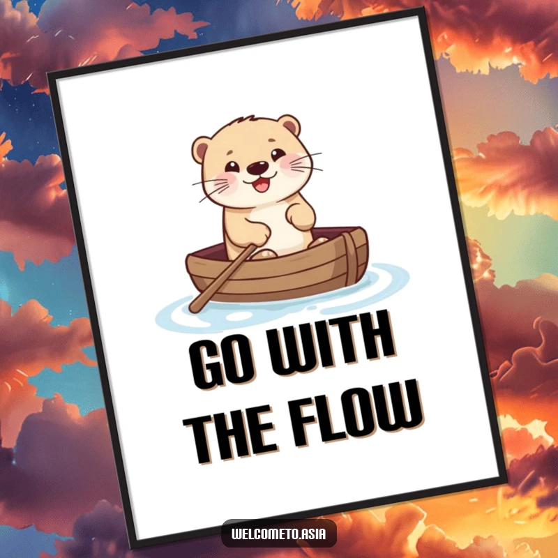 Funny Free Printable wall art of a smiling otter in a tiny boat, paddling cheerfully across serene water.