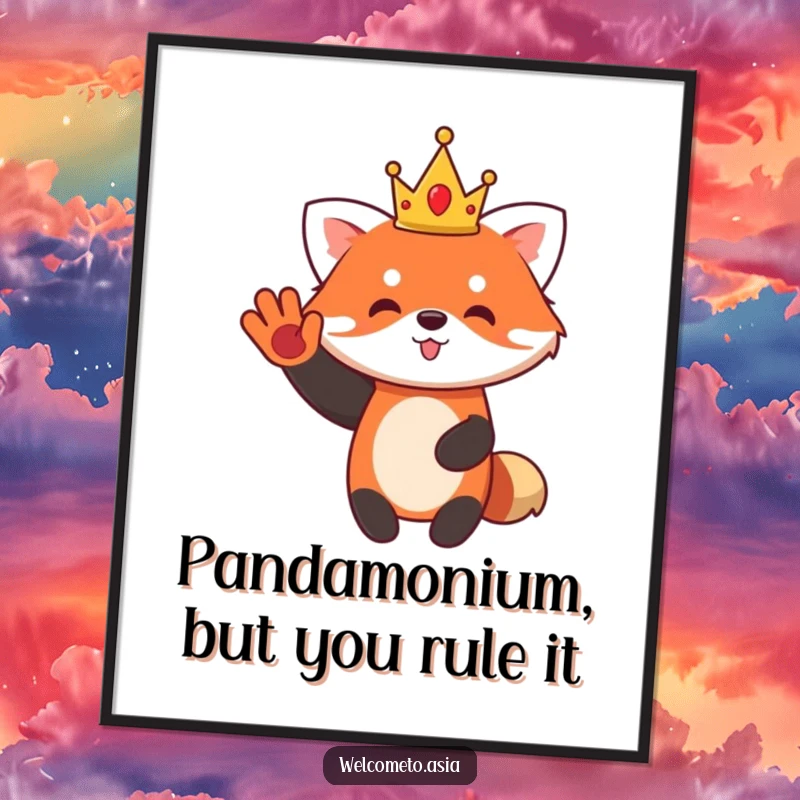Funny Free Printable Wall Art: A cute red panda character wearing a small crown waves enthusiastically, exuding joy.