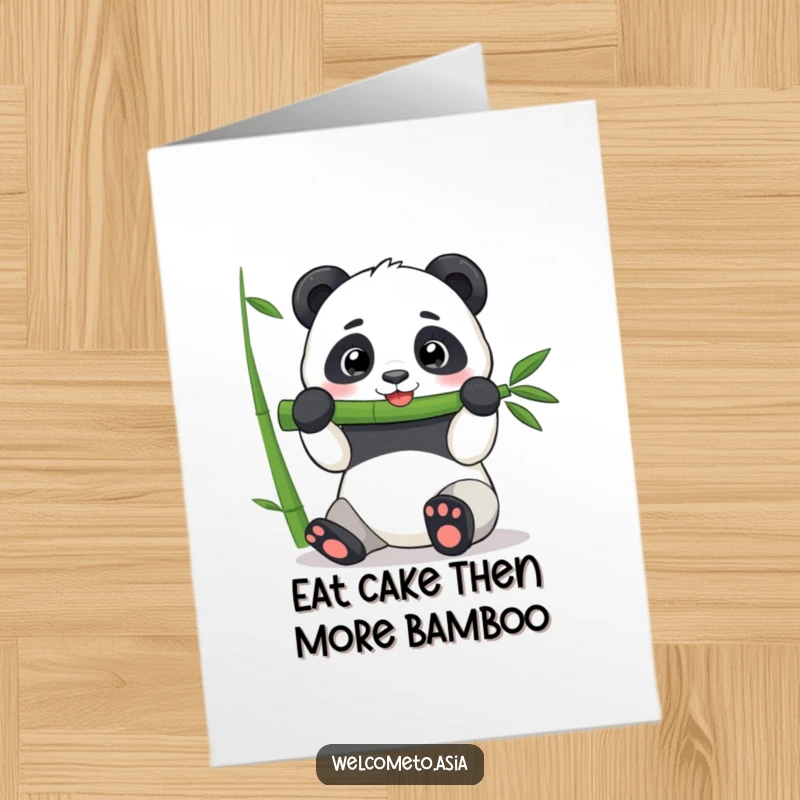 Funny free printable birthday card of a happy panda stuffing its face with a huge bamboo shoot, bringing endless joy.
