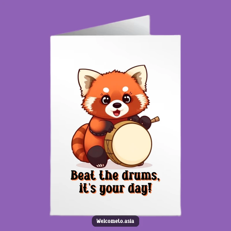 Free Printable Birthday Card: Chubby Red Panda Drummer Making Noise - Downloadable Gift